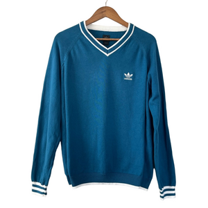 Adidas V-Neck Sweater with Elbow Patches Teal and White Size M